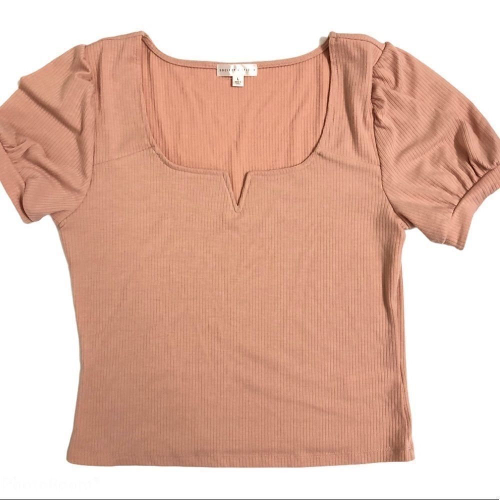 SOCIETY STITCH blush Pink ribbed Crop low cut Top t shirt balloon puff sleeve-L